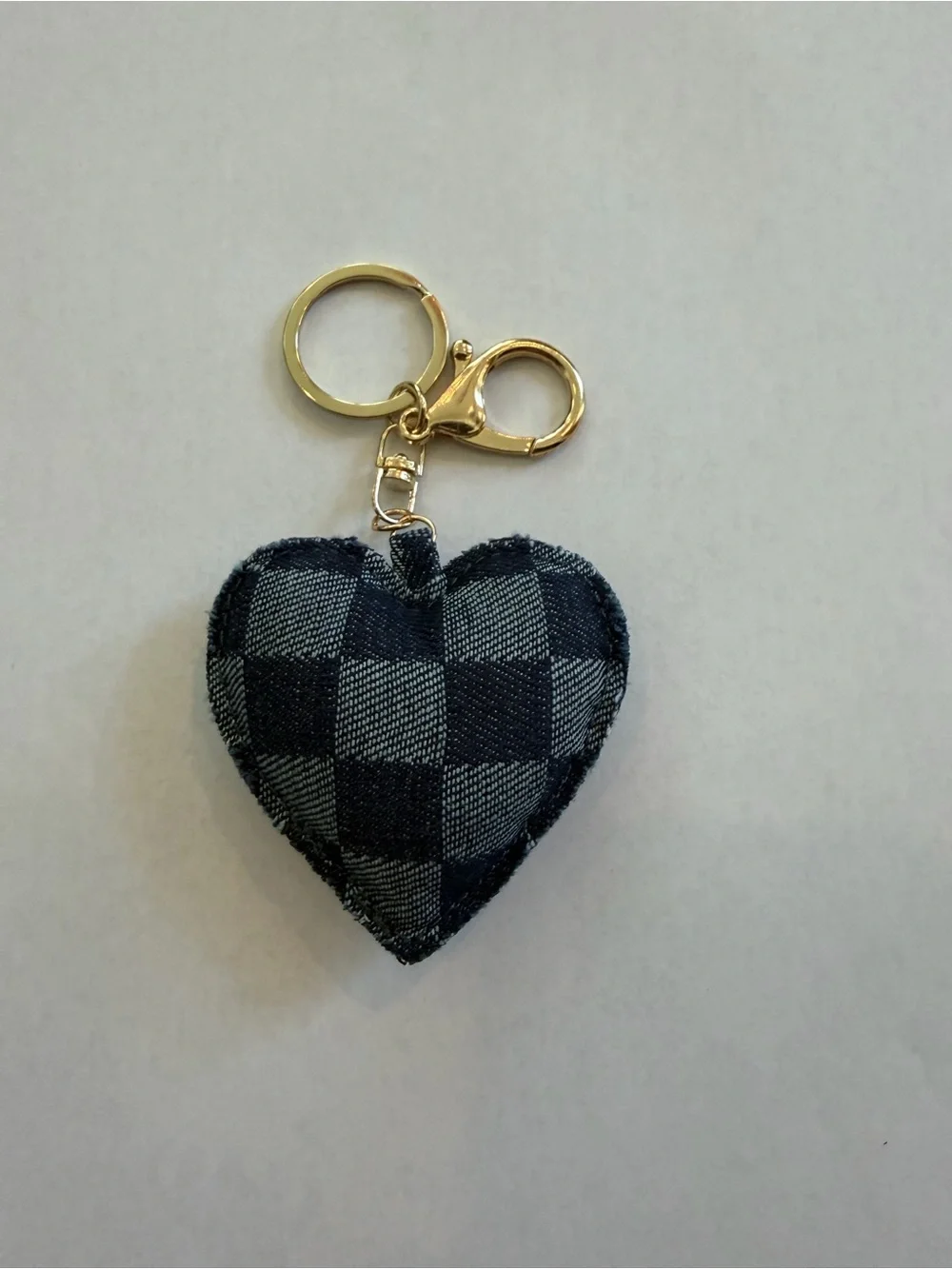 Denim Patchwork Heart Bag Charm Keychain Gold Tone